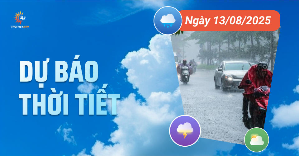 Dự báo thời tiết ngày 13/8/2025: Bắc - Trung Bộ mưa to rải rác, giảm nhiệt