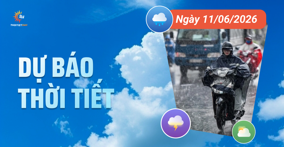 Dự báo thời tiết ngày 11/6/2026: Chiều tối mưa rào và dông rải rác