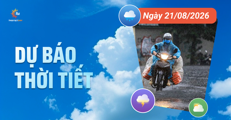 Dự báo thời tiết ngày 21/8/2026: Bắc - Nam Bộ mưa lớn, Trung Bộ giảm nóng