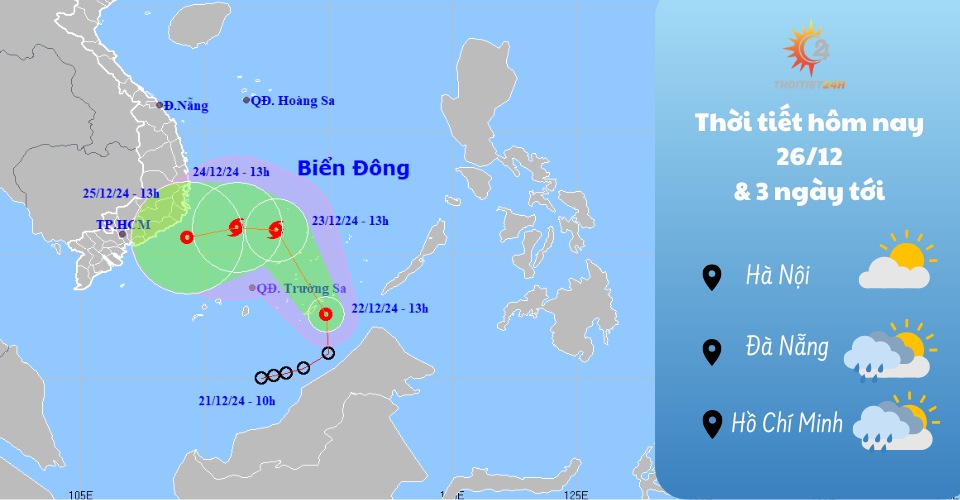 Dự báo thời tiết ngày 26/12/2024: bão số 10 cận kề, mưa dông lớn