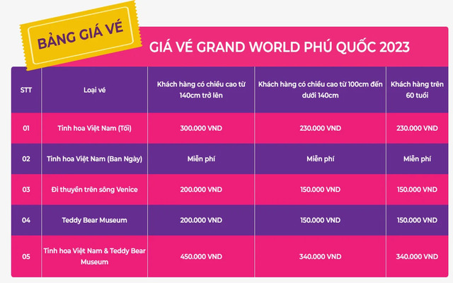  Bảng giá vé Grand World 