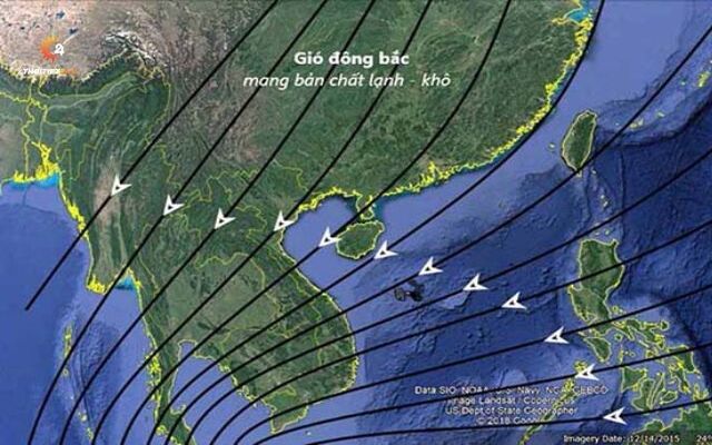  Hướng di chuyển của gió mùa đông bắc