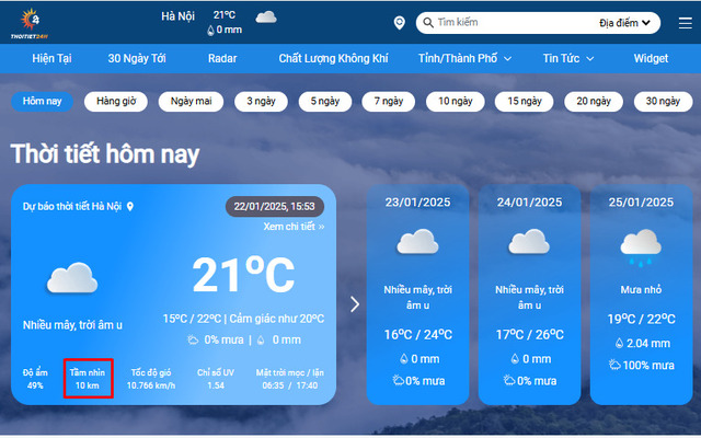  Chỉ số tầm nhìn tại website ThoiTiet24h
