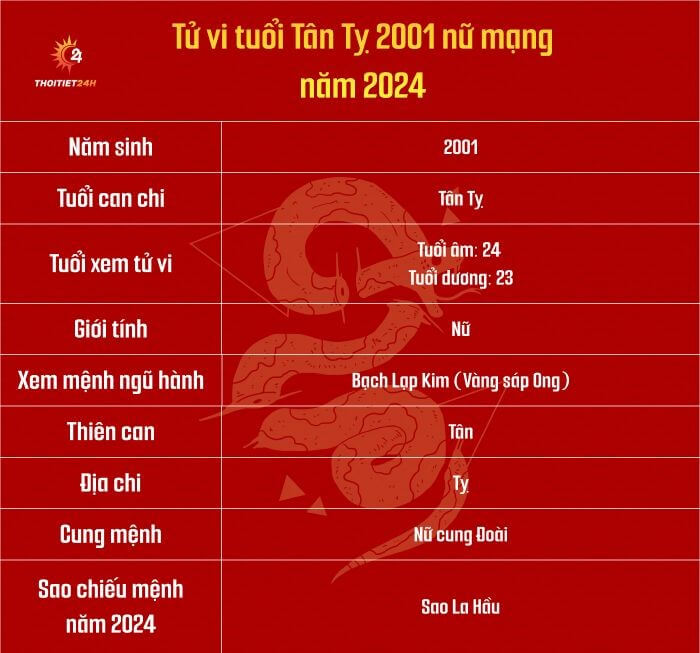 Tử vi tuổi Tân Tỵ 2001 nữ mạng năm 2024