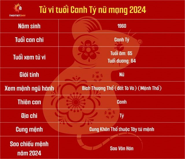 Tử vi tuổi Canh Tý 1960 nữ mạng năm 2024