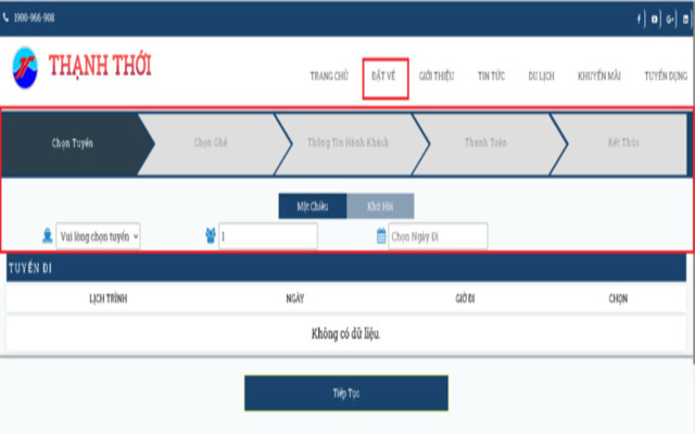 Giao diện đặt vé phà Thạnh Thới trên website