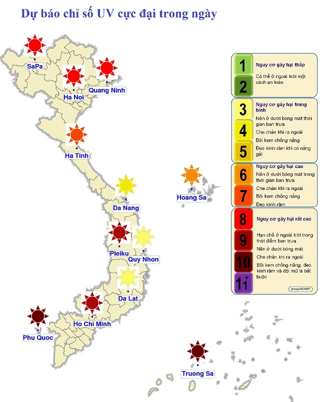 Cảnh báo tia bức xạ ở mức 9 - 10 cần chú ý che chắn cẩn thận trước khi ra ngoài. 